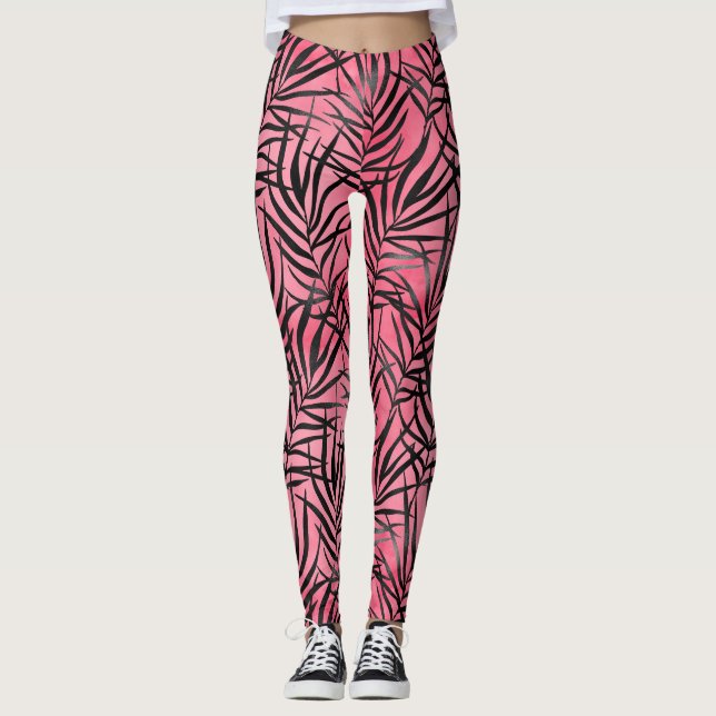 Modernes rosa Schwarzes Blattmuster Stilvolles Yog Leggings (Vorderseite)