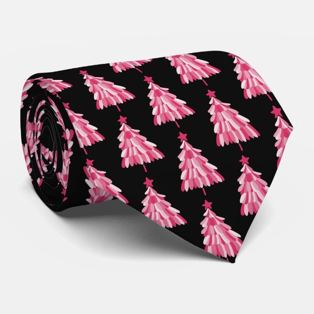 Modernes, rosa Schwarzes Weihnachtsbaummuster Krawatte (Gerollt)