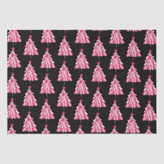 Modernes, rosa Schwarzes Weihnachtsbaummuster Seidenpapier (Vorderseite)