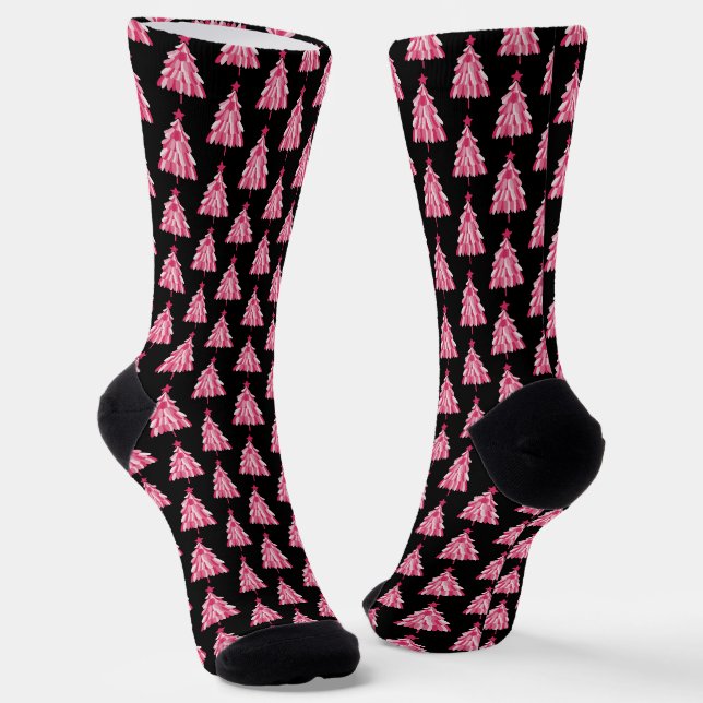 Modernes, rosa Schwarzes Weihnachtsbaummuster Socken (Gewinkelt)