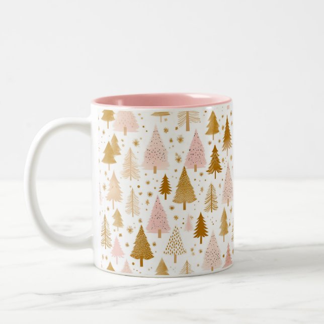 Modernes, rosa und goldenes Weihnachtsbaummuster Zweifarbige Tasse (Links)