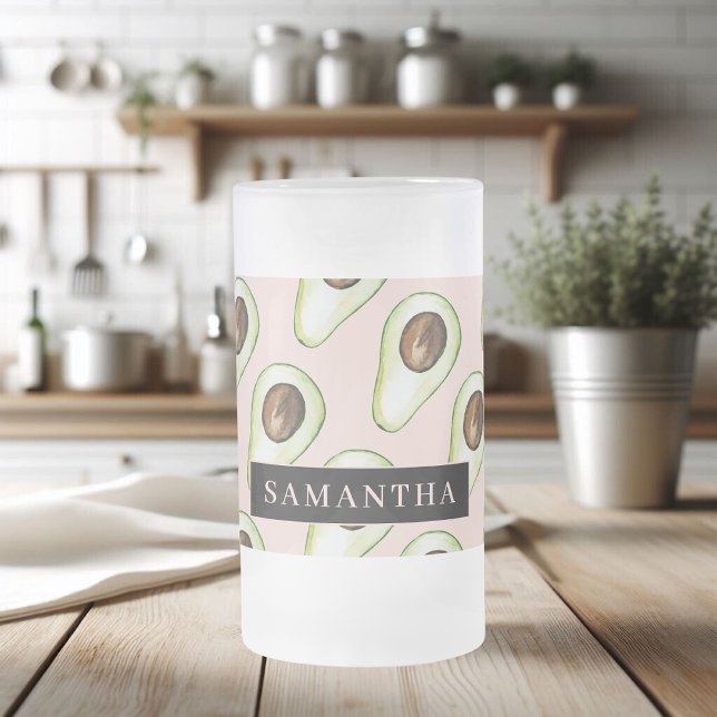 Modernes rosa und grünes Avocado-Muster mit Namen Mattglas Bierglas (Von Creator hochgeladen)