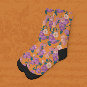 Modernes Rosa und Lila Blüten in Orange Socken
