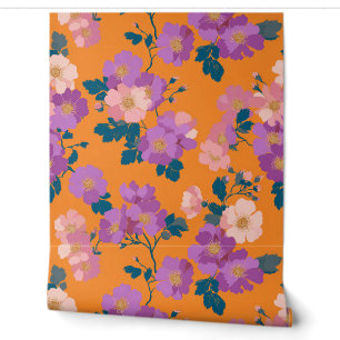 Modernes Rosa und Lila Blüten in Orange Tapete