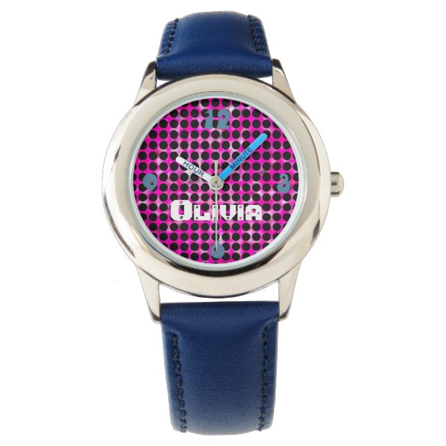 Modernes Rosa und Schwarzer Pop Personalisiert Armbanduhr (Vorderseite)