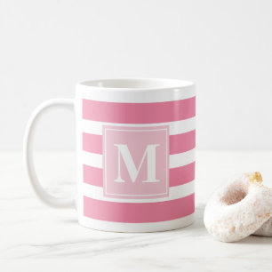 Modernes Rosa und Weiß Streifen mit Monogramm Kaffeetasse