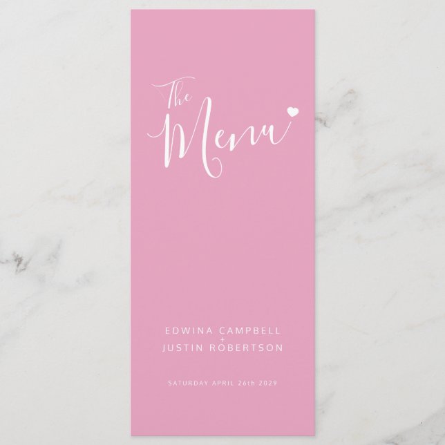 Modernes, rosa, weißes Herz einfaches Hochzeitsmen Menükarte (Vorderseite)