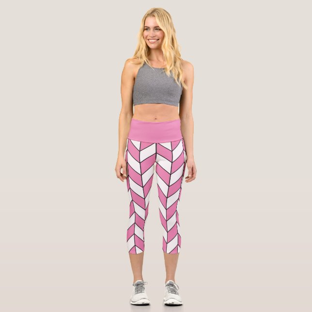 Modernes rosa Zickzack Muster Capri Leggings (Vorderseite)
