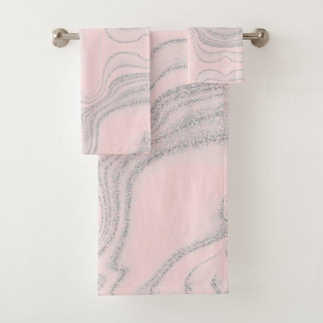 Modernes, rosafarbenes, abstraktes Marmormuster Badhandtuch Set (Insitu)