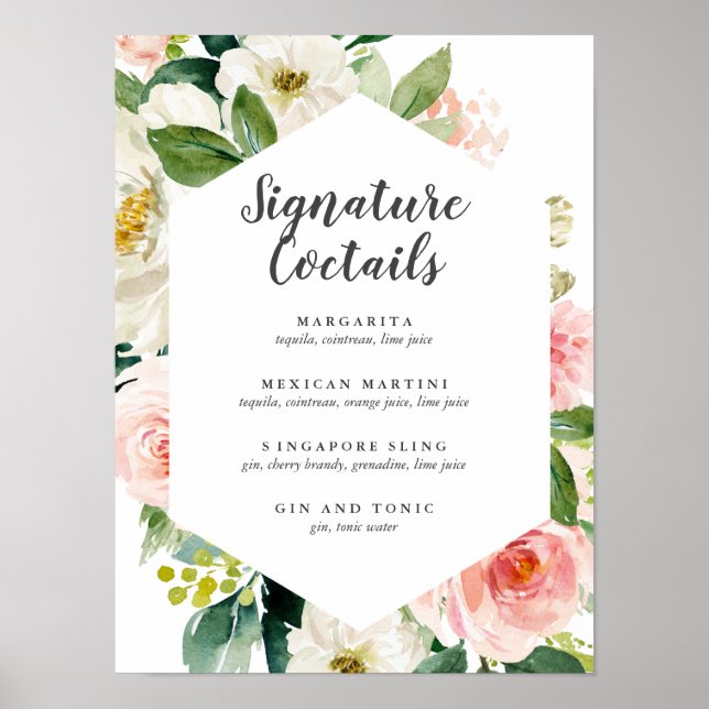 Modernes, rosafarbenes, florales Cocktailmenü Poster (Vorne)