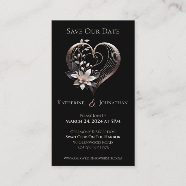 Modernes rosafarbenes Herz mit Blume-Save the Date Visitenkarte (Vorderseite)