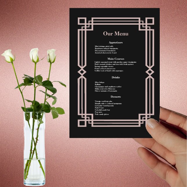 Modernes Rose Gold Border Navy Black Wedning Dinne Menükarte (Von Creator hochgeladen)