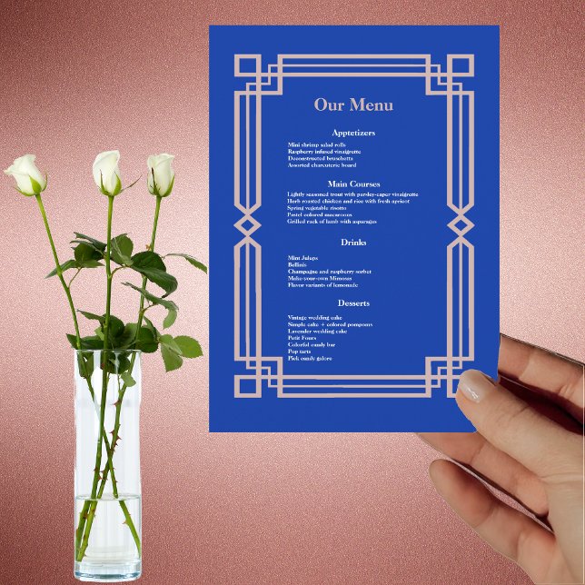 Modernes Rose Gold Border Navy Blue Hochzeitessen Menükarte (Von Creator hochgeladen)