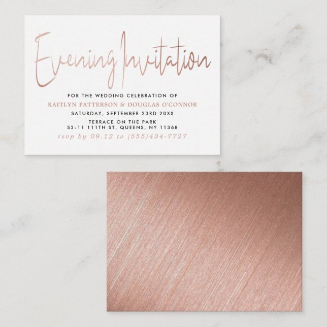 Modernes Rose Gold Foil Script Abend Event Ticket Begleitkarte (Vorne/Hinten)