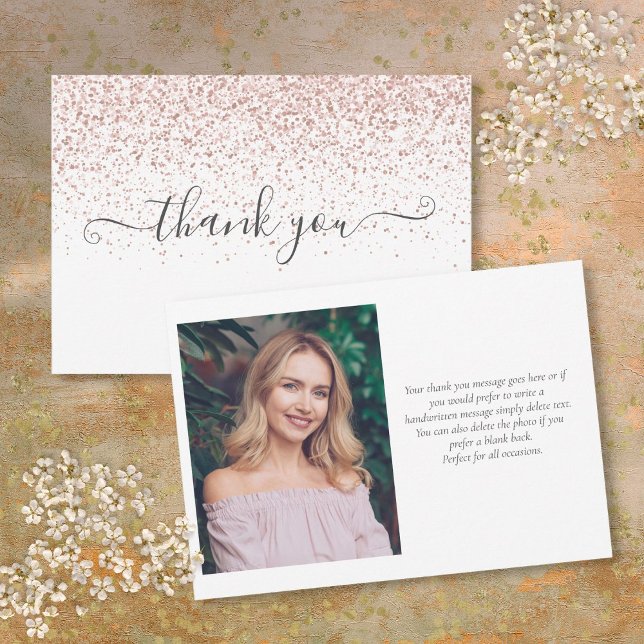 Modernes Rose Gold Glitzer Foto Script Dankeskarte (Modern Rose Gold Glitter Photo Script Thank You Card)