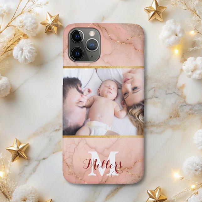 Modernes Rose Gold Glitzer Marmor Monogramm Foto Case-Mate iPhone Hülle (Von Creator hochgeladen)