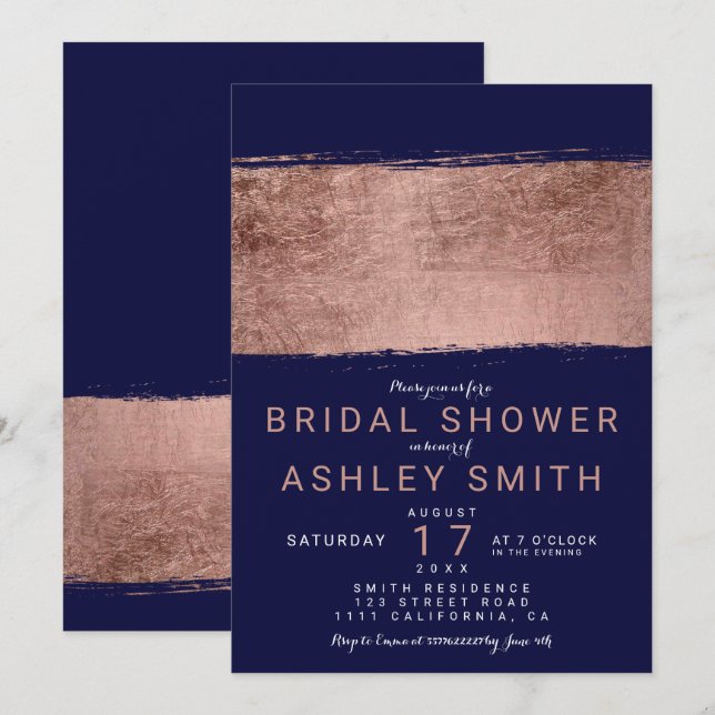 Modernes Rose-Gold-Marine-Brushhub-Brautparty Einladung (Vorne/Hinten)
