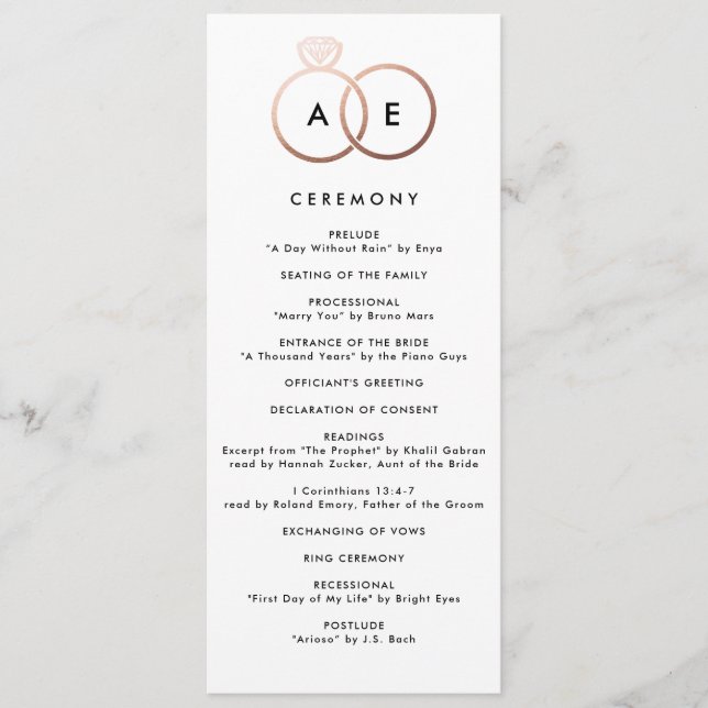 Modernes Rose Gold Rings Custom Wedding Programm (Vorderseite)