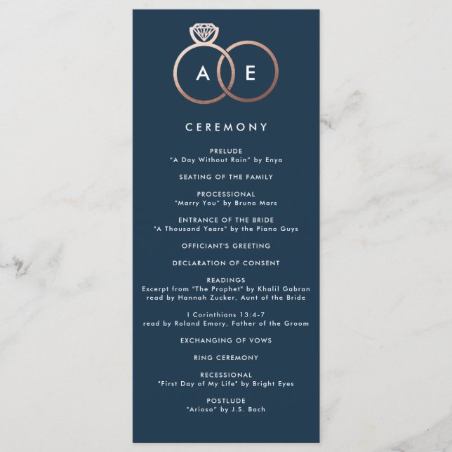 Modernes Rose Gold Rings Navy Blue Wedding Program Programm (Vorderseite)
