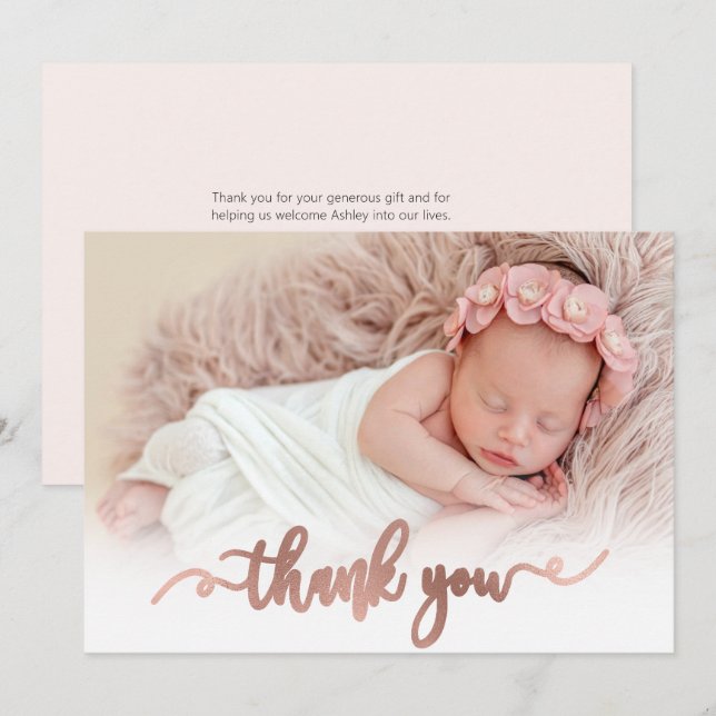 Modernes Rose Gold Script Baby Foto Danke Karte (Vorne/Hinten)