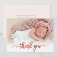 Modernes Rose Gold Script Baby Foto Danke Karte