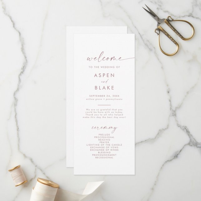 Modernes Rose Gold Script Hochzeitsprogramm Programm (Vorderseite/Rückseite Beispiel)