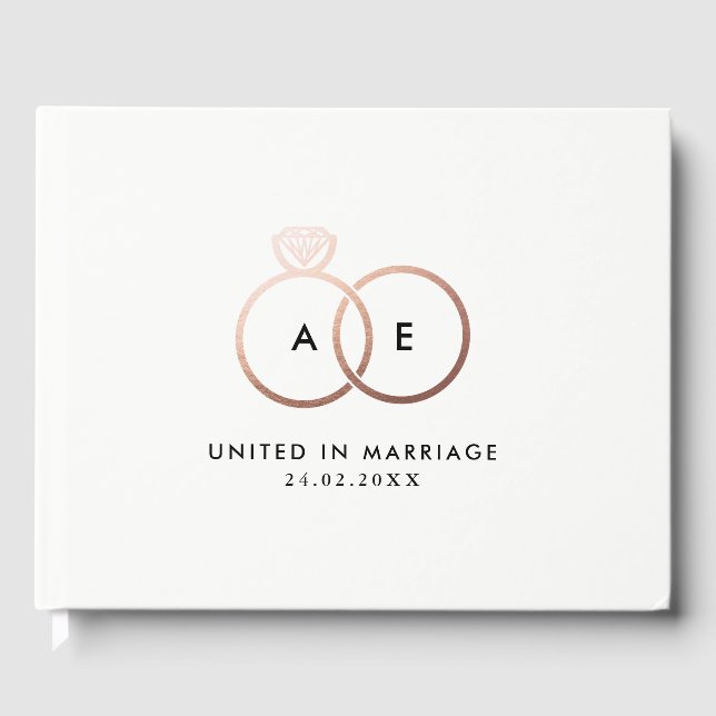 Modernes Rose Gold Wedding Rings Monogram Gästebuc Gästebuch (Vorderseite)