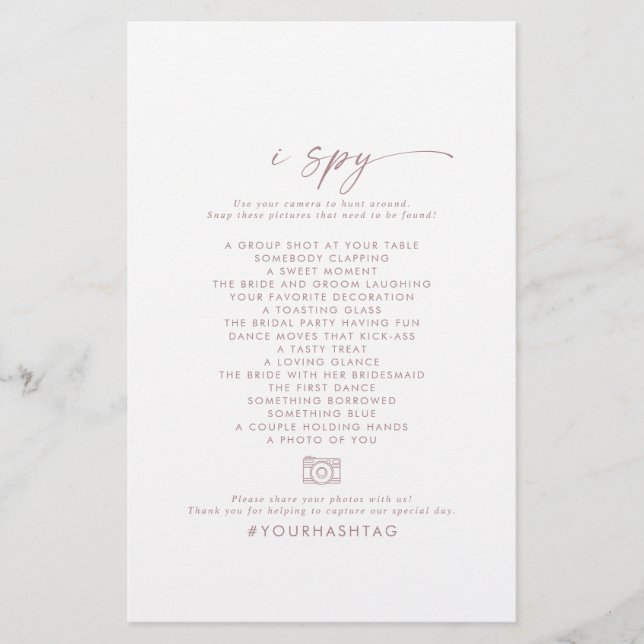 Modernes Rose Script I Spy Wedding Foto Scavenger Flyer (Vorne)