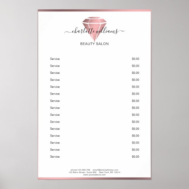 Modernes Rosegold Diamond Price List Poster (Vorne)