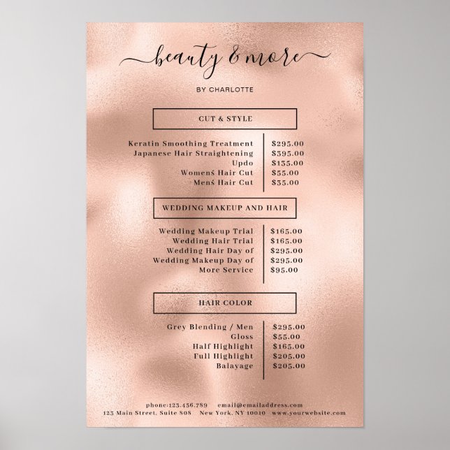 Modernes Rosegold Simpel Salon Price List Poster (Vorne)