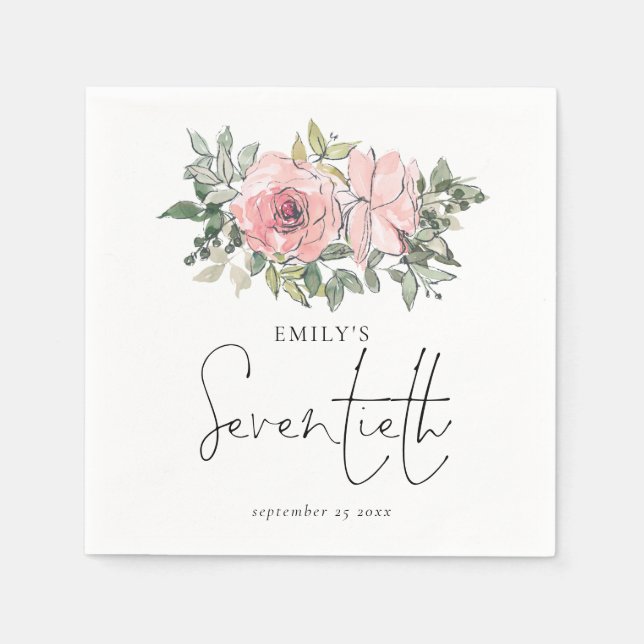 Modernes Rosenrosa Florals Seventieth Birthday Serviette (Vorderseite)
