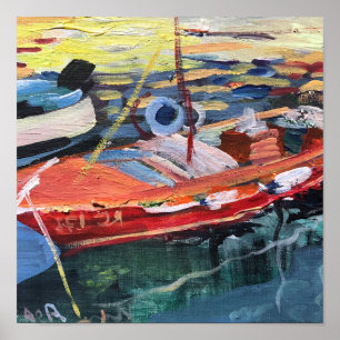Modernes rotes Boot im Meer Poster