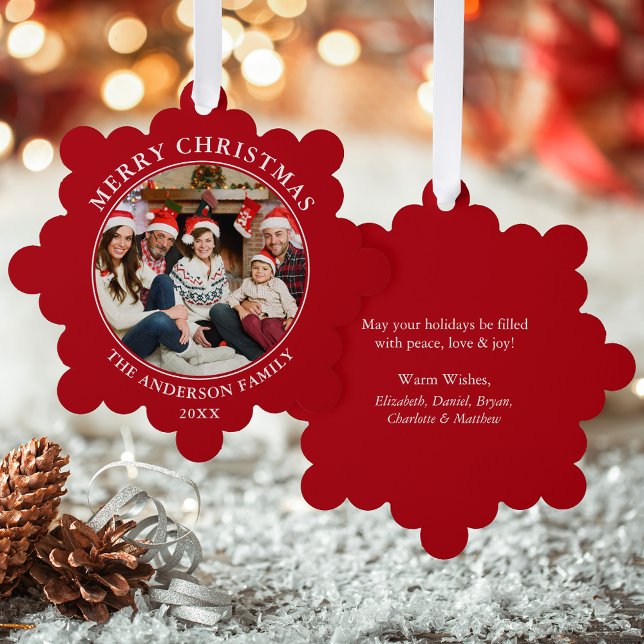 Modernes Rotes frostes Weihnachtsfest Foto Ornament Karte (A greeting card that is also an ornament! Customize with your photo and personalized text.)