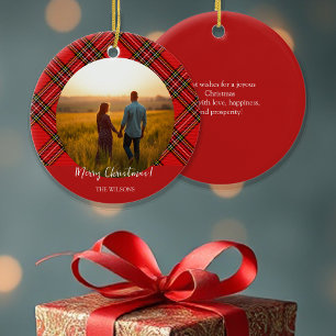 Modernes rotes Tartan-Ein-Foto Keramik Ornament