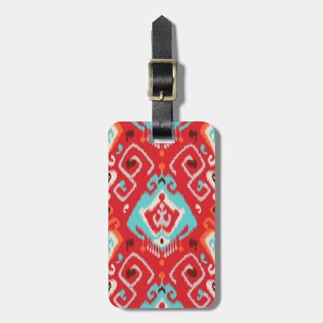 Modernes rotes Türkis girly ikat Stammes- Muster Gepäckanhänger (Vorderseite vertikal)