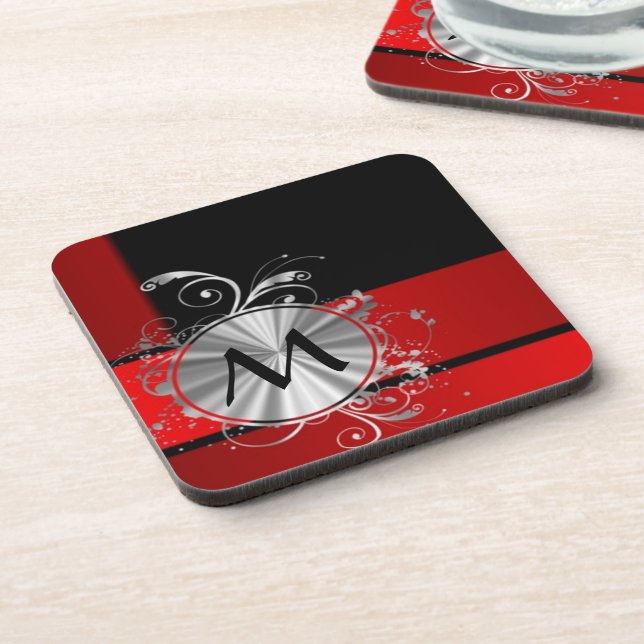 Modernes rotes und silbernes Monogramm Untersetzer (Linke Seite)