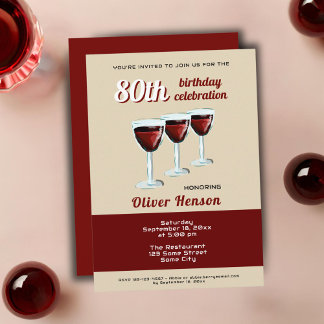 Modernes Rotes Weinglas 80. Geburtstag Einladung
