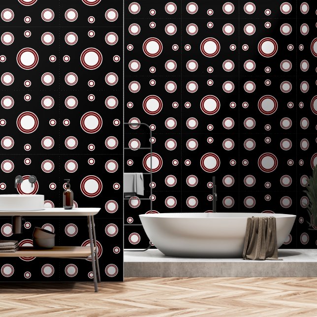 Modernes rotes, weißes Kreissenmuster Schwarz Tapete (Badezimmer)