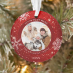 Modernes Rotes Weißes Schneeflocken Personalisiert Ornament<br><div class="desc">Erstellen Sie ein festliches, modernes Sake-Foto in Rot mit weißen Schneeflocken und personalisiert mit einem benutzerdefinierten Titel, Foto und Namen und Jahr auf der Vorderseite und ein vollbleichtes Foto auf der Rückseite. Kontaktieren Sie den Designer über den Zazzle Chat oder makeitaboutyoustore@gmail.com , wenn Sie dieses Design modifiziert oder auf einem...</div>