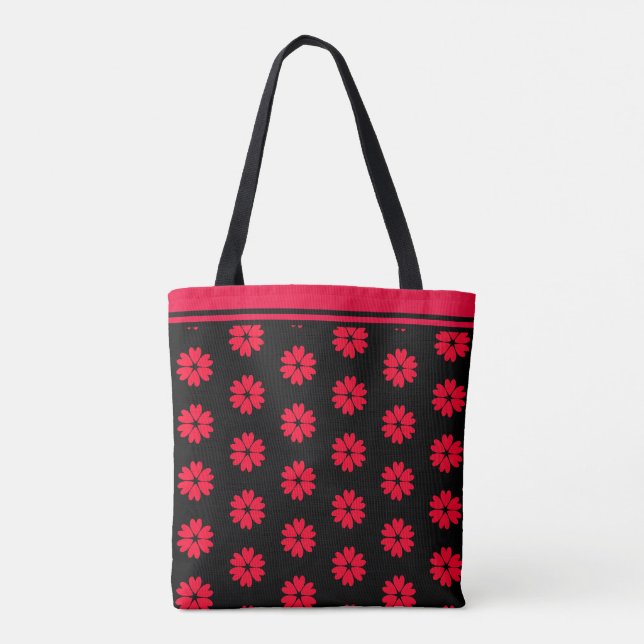 Modernes Rotherz-Blume-Muster auf Schwarz Tasche (Rückseite)