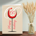 Modernes Rotwein Glas 60. Geburtstag Karte<br><div class="desc">Modernes Rotwein-Glas 60. Geburtstagskarte. Das Design hat ein abstraktes Rotwein mit einer Altersnummer und im Hintergrund ist die Zahl in Weiß. Sie können die Altersnummer mit jedem anderen Alter ändern. Gut für eine Frau oder einen Mann,  der den sechzigsten Geburtstag feiert.</div>