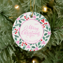Modernes Rotwein-Grün-Weihnachtsmuster Keramik Ornament