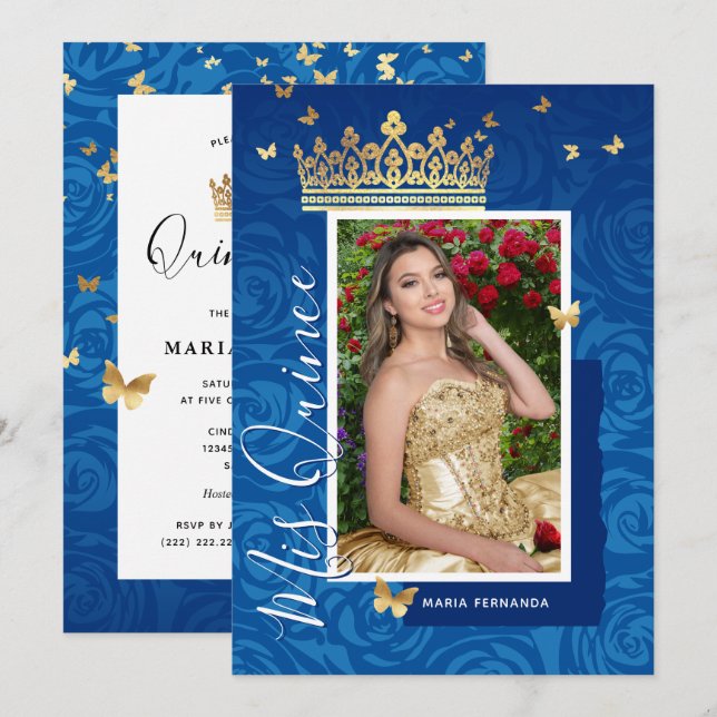 Modernes Royal Blue Gold Elegantes Foto Quinceaner Einladung (Vorne/Hinten)