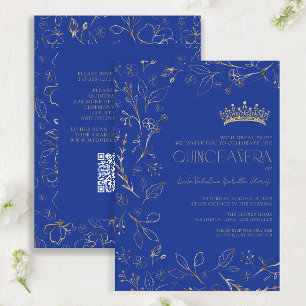 Modernes Royal Blue Gold Floral Tiara QR Quinceañe Einladung