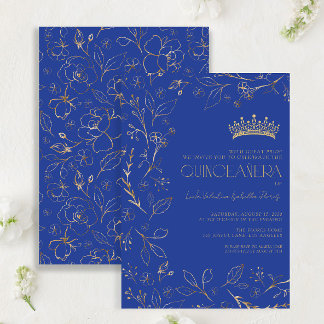 Modernes Royal Blue Gold Floral Tiara Quinceañera Einladung