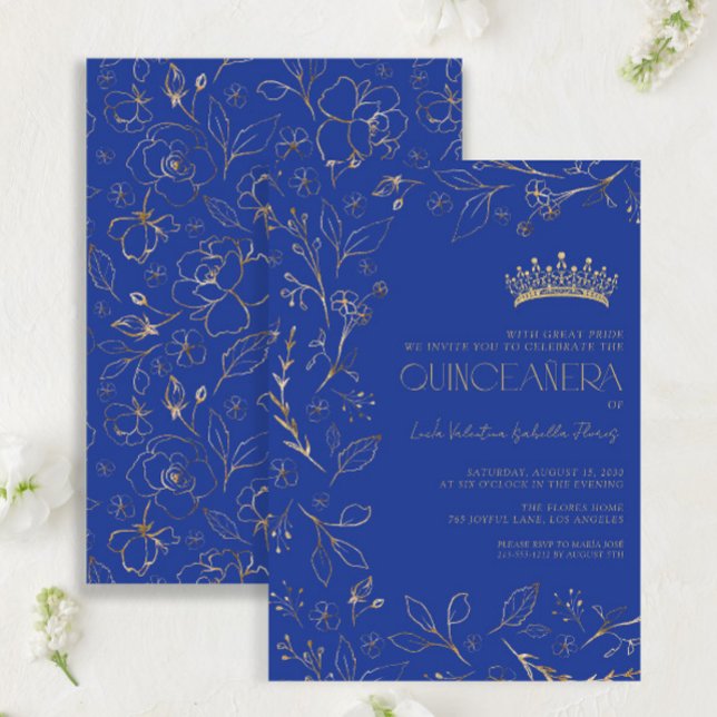 Modernes Royal Blue Gold Floral Tiara Quinceañera Einladung (Von Creator hochgeladen)