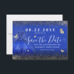 Modernes Royal Blue Gold Glitzer Gown Quinceanera Save The Date<br><div class="desc">Moderne Royal Blue Navy Blue Classic Gold Princess Gown Dress Glitzer Sparkle Butterfly 15. Geburtstag Quinceanera Save the Date Einladung</div>