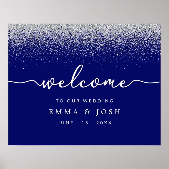 Modernes Royal Blue mit Silver Glitzer Wedding Poster (Vorne)