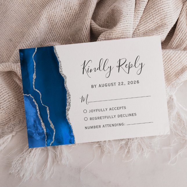 Modernes Royal Blue Silver Agate Wedding RSVP Karte (Von Creator hochgeladen)
