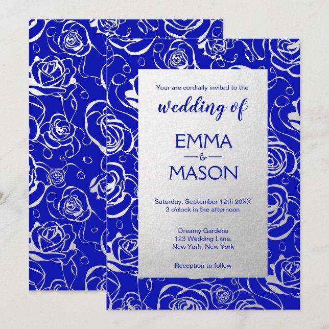 Modernes Royal Blue und Silver Floral Einladung (Vorne/Hinten)